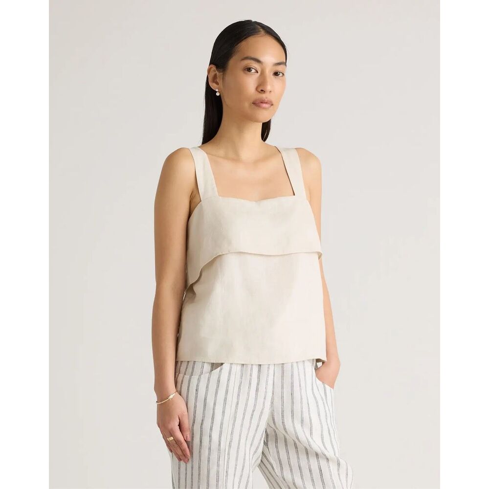 Quince Cream Linen-Look Layered Square-Neck Tank